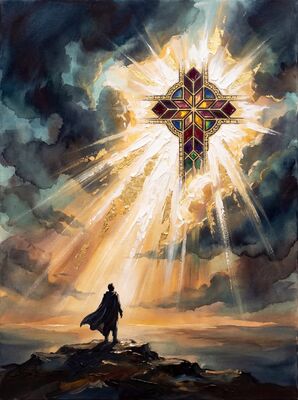 Stained Glass Cross Burgundy Canvas Painting