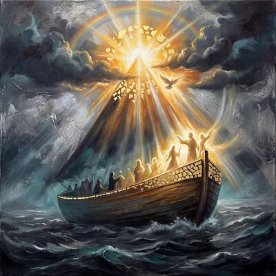 Noah's Ark Silver Seas Rainbow Canvas Painting