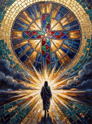 Stained Glass Cross Amber Navy Canvas Painting