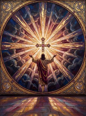 Stained Glass Cross Burgundy Gold Canvas Wall Art