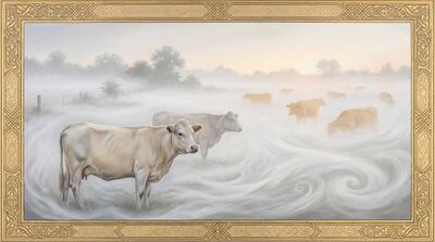 Sacred Cows Ethereal Dawn Mist Canvas Painting