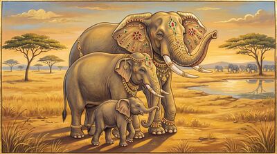 Elephant Family Mother Father Calf Canvas Painting