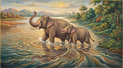 Two Elephants Crossing River Bond Canvas Wall Art