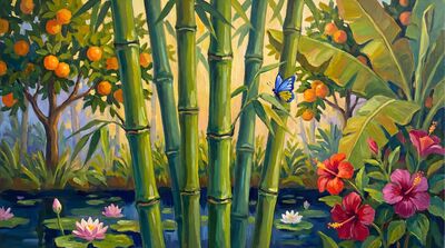 Five Bamboo Exotic Garden Oil Painting Canvas Wall Art