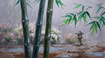 Three Bamboo Garden Rain Oil Painting Canvas Wall Art