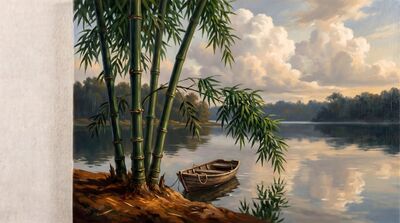 Three Bamboo Lake Shore Romantic Oil Painting Canvas Wall Art