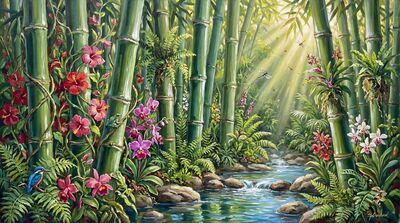 Nine Bamboo Maximalist Abundance Oil Painting Canvas Wall Art