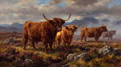 Highland Cattle Scottish Moor Oil Painting Canvas Wall Art