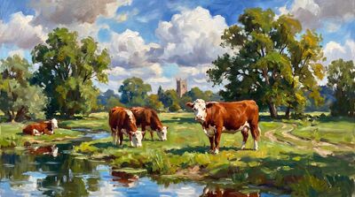 Cows English Water Meadow Oil Painting Canvas Wall Art