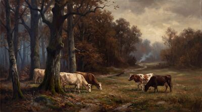 Five Cows Autumn Forest Oil Painting Canvas Wall Art