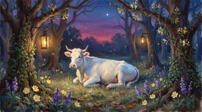 Sacred White Cow Enchanted Forest Canvas Painting