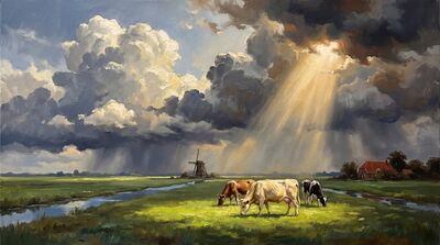Sacred Cows Grazing Dramatic Sky Canvas Painting