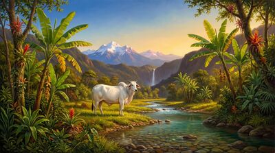 Sacred White Cow Tropical Valley Canvas Wall Art