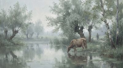 Sacred Cow Misty Morning Pond Canvas Painting