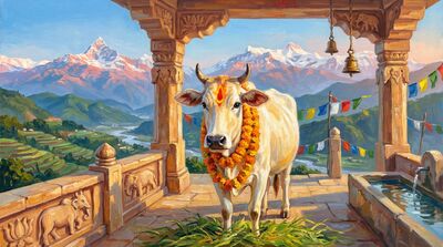 Sacred Cow Himalayan Temple Dawn Canvas Painting