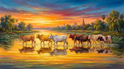 Seven Sacred Cows Golden River Canvas Painting