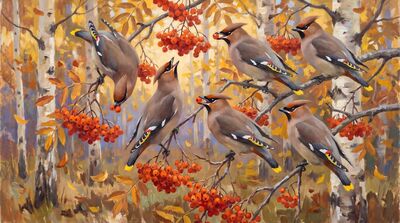 Waxwings in Autumn Birch Canvas Painting
