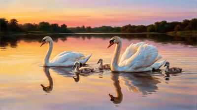 Mute Swan Family Golden Lake Canvas Painting