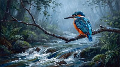 Kingfisher on Rainy Branch Canvas Painting
