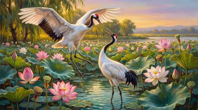 Red Crowned Cranes Lotus Pond Canvas Painting