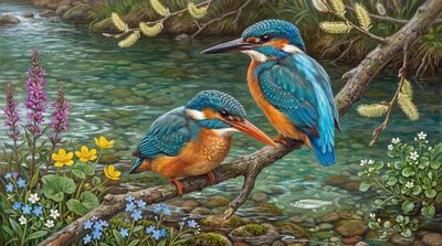 Kingfisher Willow Branch Stream Canvas Wall Art