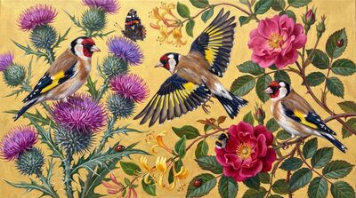 European Goldfinch Thistle Rose Canvas Wall Art