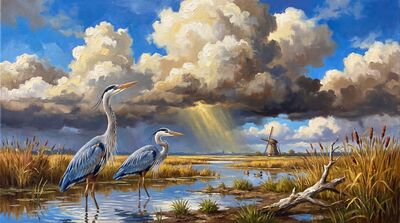 Grey Heron Marsh Dramatic Sky Canvas Painting