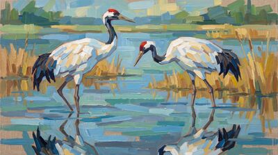 Red-Crowned Cranes Geometric Canvas Wall Art