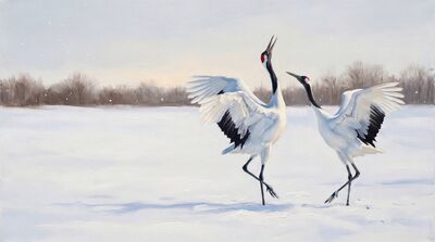 Japanese Red-Crowned Cranes Snow Canvas Wall Art