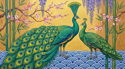 Green Peafowl Japonisme Decorative Canvas Wall Art