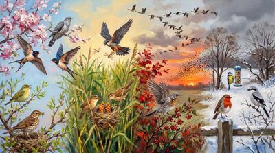 Bird Migration Four Seasons Panoramic Canvas Wall Art