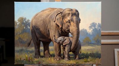 Mother Elephant and Calf Oil Painting Canvas Wall Art