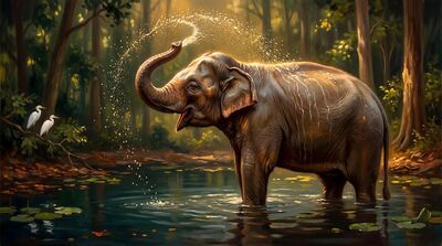 Elephant Forest Bathing Pool Oil Painting Canvas Wall Art