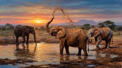 Elephants Waterhole Golden Evening Oil Painting Canvas Wall Art
