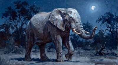Old Bull Elephant Moonlight Oil Painting Canvas Wall Art