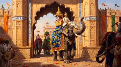 Rajput Elephant Procession City Gate Oil Painting Canvas Wall Art