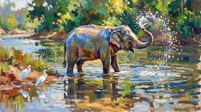 Elephant Wading River Midday Oil Painting Canvas Wall Art