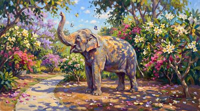 Elephant Tropical Garden Dappled Light Oil Painting Canvas Wall Art