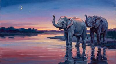 Elephant Pair Twilight River Oil Painting Canvas Wall Art