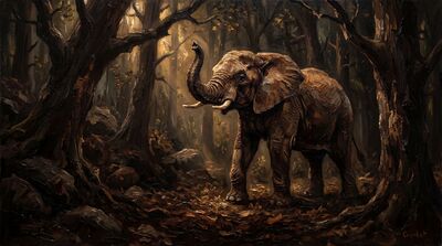 Bull Elephant Dark Forest Canvas Painting