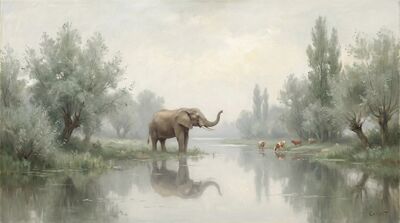 Elephant Silver Morning Landscape Canvas Painting