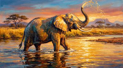 Magnificent Bull Elephant River Crossing Canvas Painting