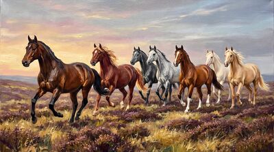 Seven Horses Dawn Gallop Canvas Painting