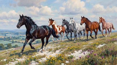 Seven Horses Downhill Canvas Wall Art