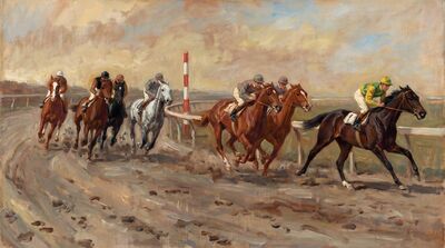 Seven Racehorses Turning Post Canvas Painting