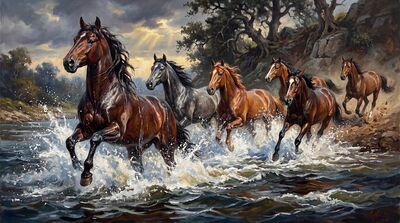 Seven Horses River Ford Canvas Painting