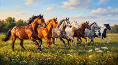 Seven Horses Golden Meadow Canvas Wall Art