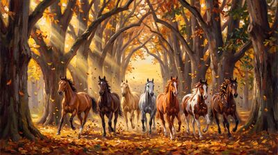 Seven Horses Autumn Avenue Canvas Painting