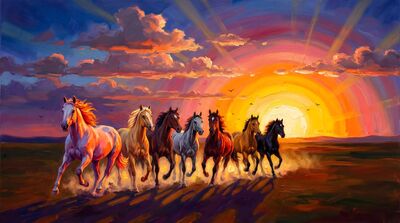 Seven Horses Blazing Sunset Canvas Painting