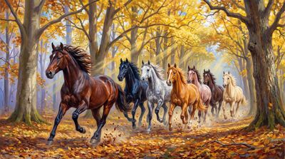 Seven Horses Autumn Forest Canvas Wall Art